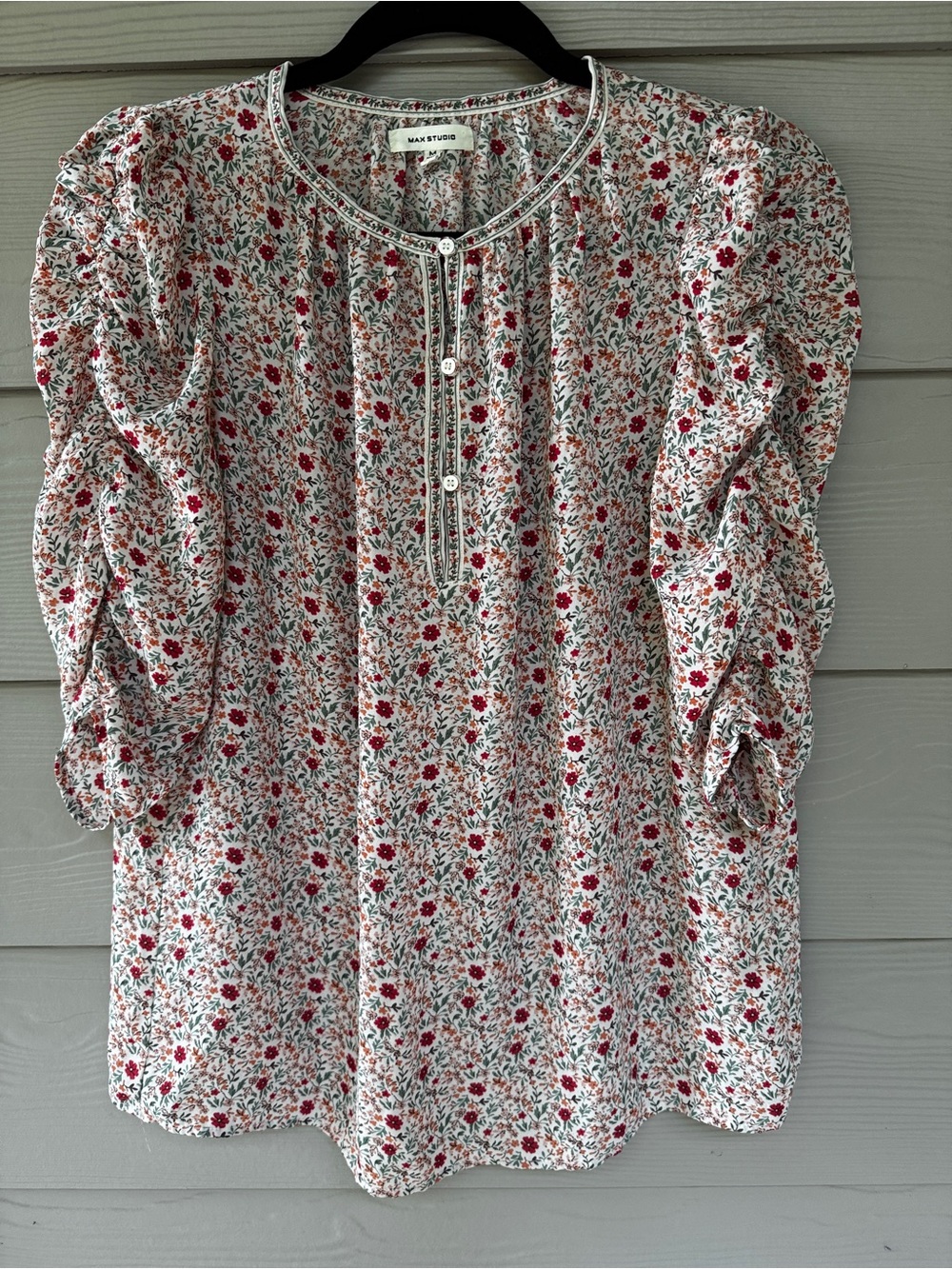 Max Studio Blouse Women M Ivory Floral Cottagecore Puff Sleeve Peasant Top